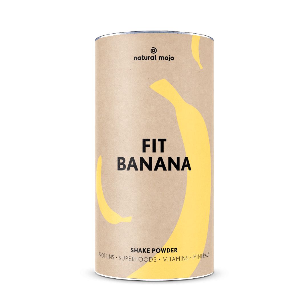 Zylindrische Dose mit Aufschrift "FIT BANANA". Gelbe Bananen-Illustrationen. Marke: natural mojo. Text: Shake Powder, Proteine, Superfoods, Vitamine, Mineralien.