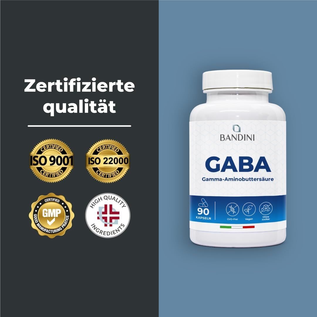 Weiße Flasche mit GABA Kapseln. Aufschrift: Bandini, GABA, 90 Kapseln. Zertifizierungen: ISO 9001, ISO 22000, GMP, High Quality.