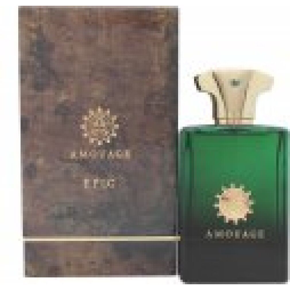 Grüner Flakon mit goldfarbenem Verschluss und Logo, neben einer Holzverpackung. Aufschrift "AMOUAGE EPIC".