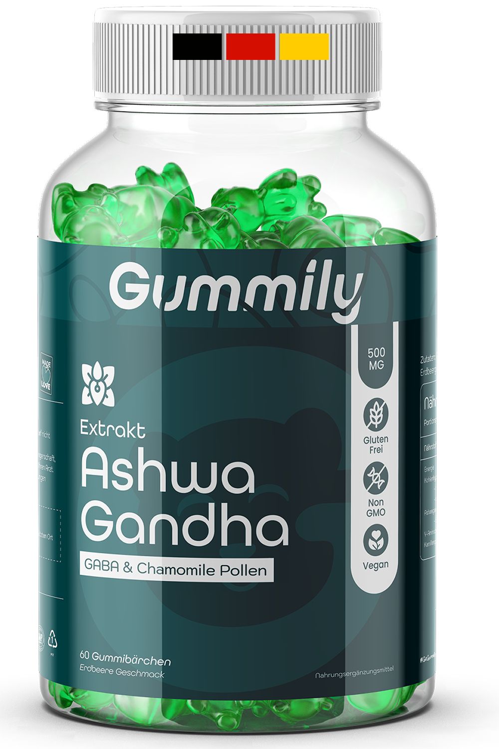 Grüne Gummibärchen in einer transparenten Flasche mit weißem Deckel. Aufschrift: Gummily, Ashwa Gandha, 500 MG, Glutenfrei, Vegan.