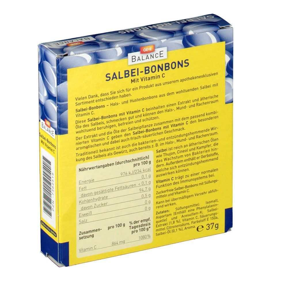 Rückseite der Verpackung von GEHE BALANCE Salbei-Bonbons. Enthält Nährwertangaben und Produktinformationen. Gelber Hintergrund.