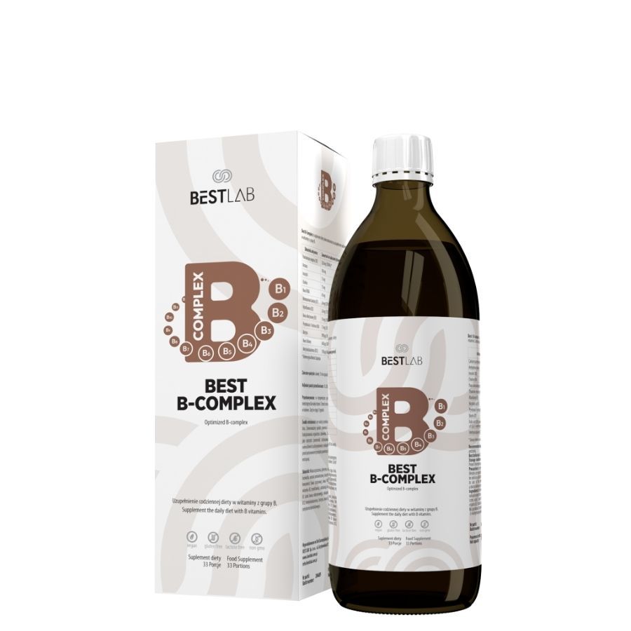 Braune Glasflasche und Karton mit "BEST LAB B-COMPLEX". Flasche mit weißem Deckel. Aufschrift "B-COMPLEX" und Vitamin-Bezeichnungen.
