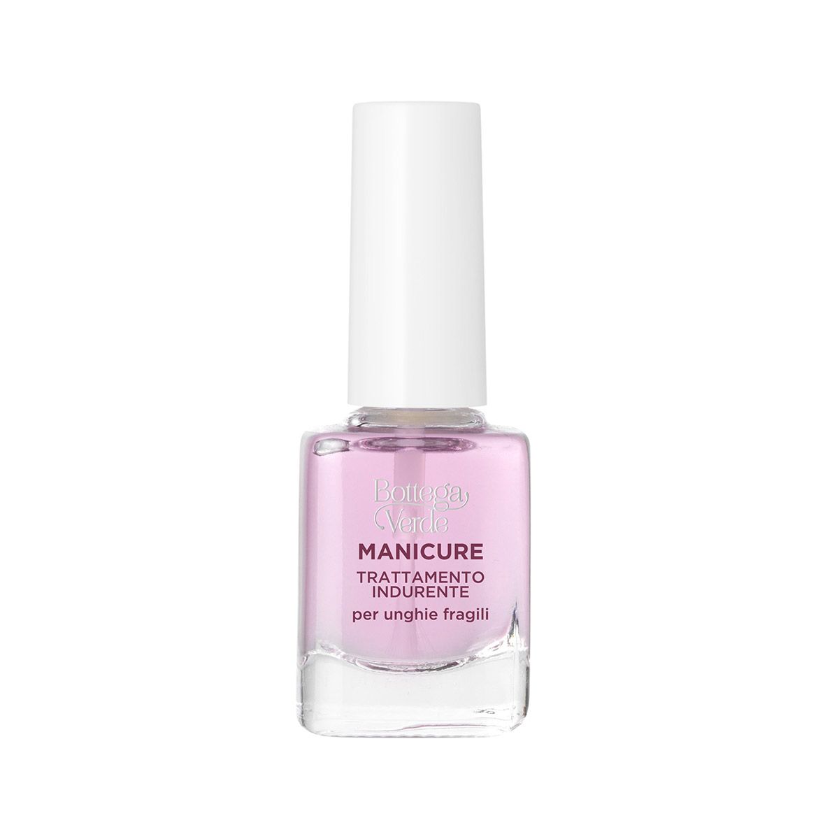 Flacone di trattamento indurente per unghie Bottega Verde Manicure. Il flacone quadrato ha un tappo bianco. L'etichetta recita "MANICURE TRATTAMENTO INDURENTE per unghie fragili". Il liquido all'interno è rosa.