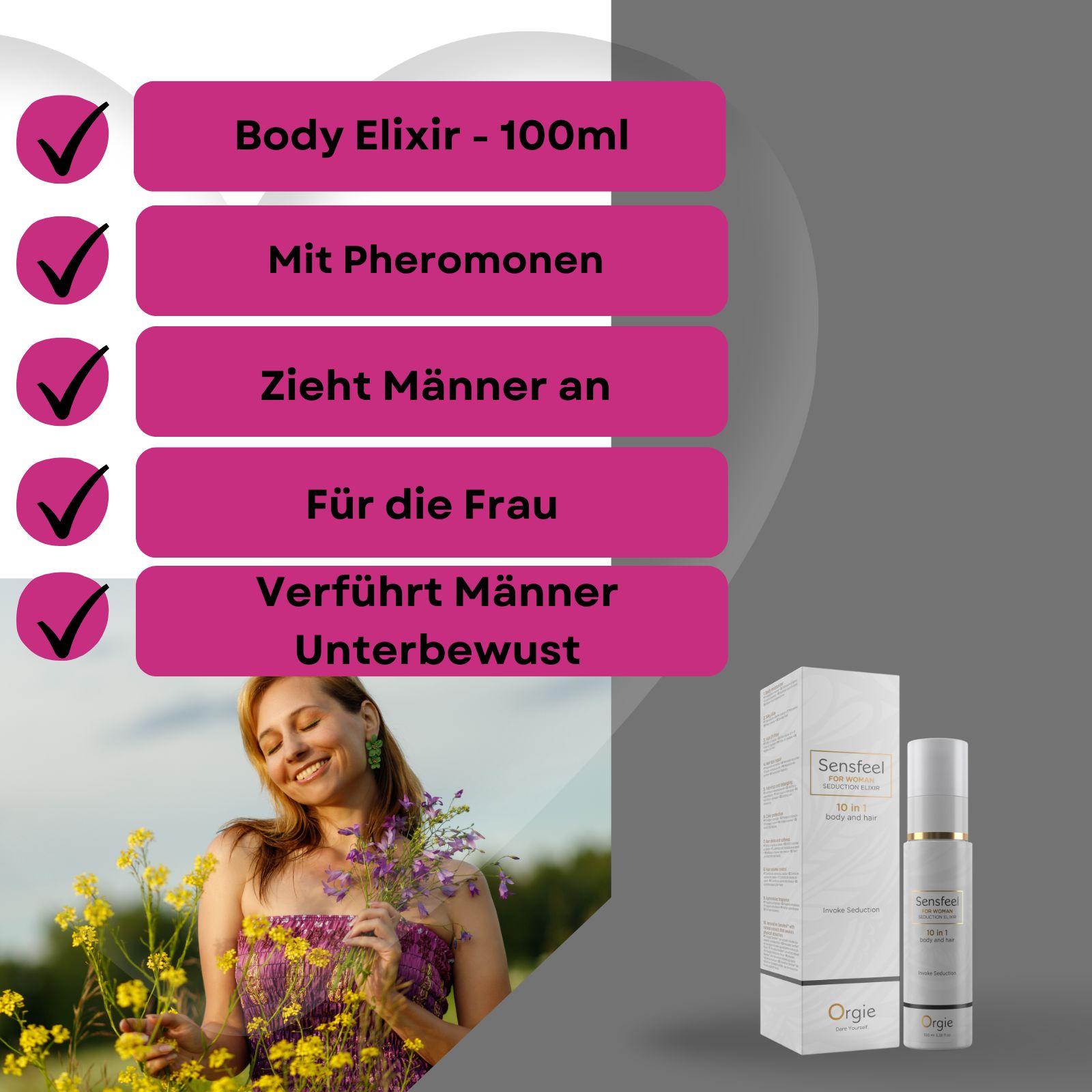 Produkt Sensfeel und Verpackung mit Texten in pinken Kästchen: Body Elixir, Pheromone, zieht Männer an, für die Frau, verführt Männer unterbewusst.