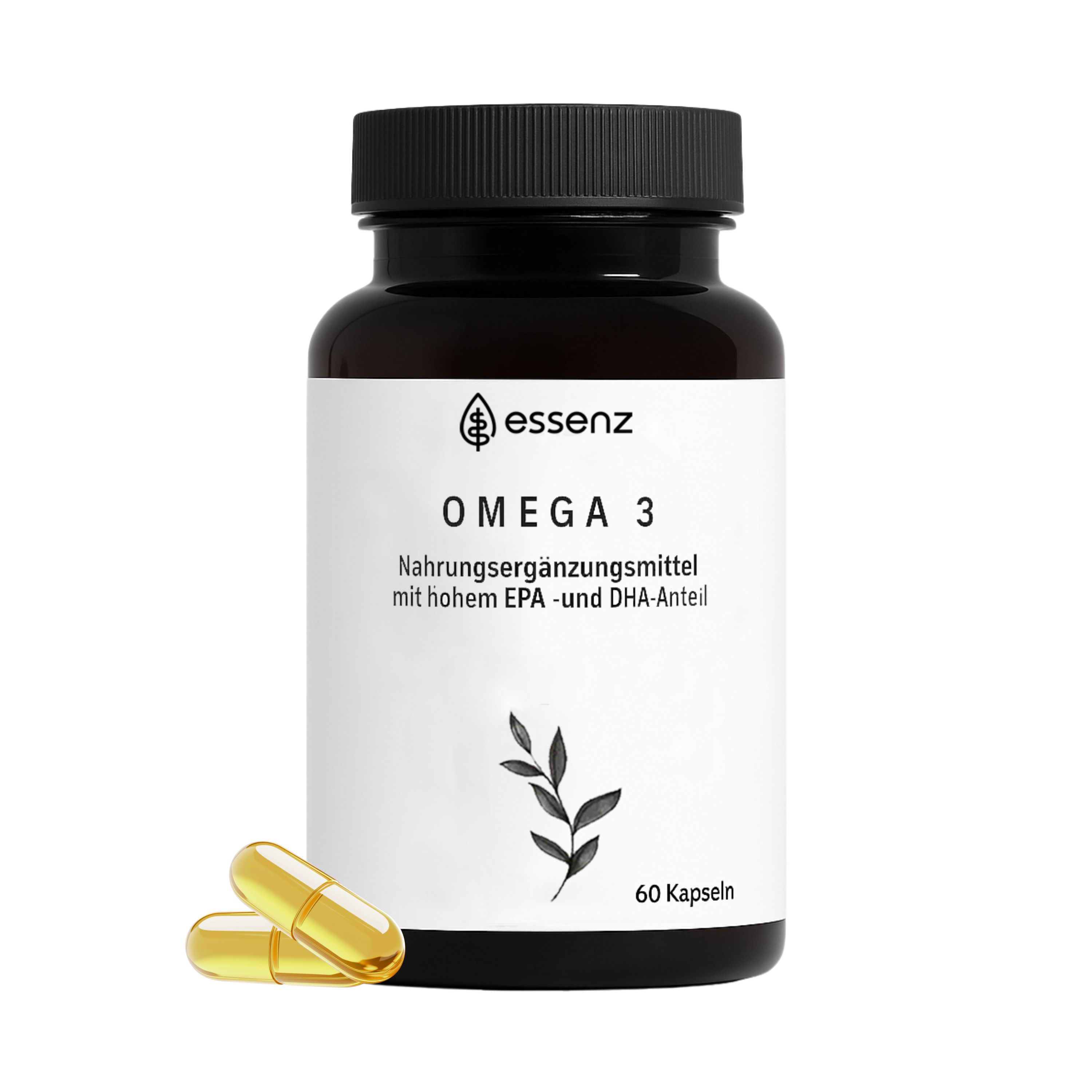 Braune Flasche ESSENZ Omega 3 mit 60 Kapseln. Aufschrift: Nahrungsergänzungsmittel mit hohem EPA- und DHA-Anteil. Zwei gelbe Kapseln daneben.