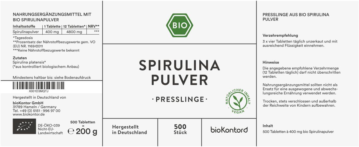Etikett mit Informationen zu Spirulina Presslingen. Enthält Angaben zu Inhaltsstoffen, Dosierung, Herkunft und Zertifizierungen.