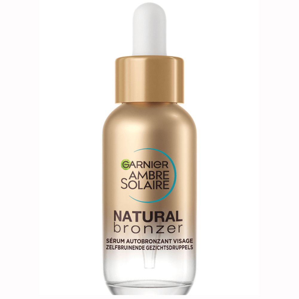 Garnier Natural Bronzer Selbstbräunungsserum. Flasche mit Pipette. Text: Natural Bronzer, Sérum autobronzant visage, Zelfbruinende gezichtsdruppels.