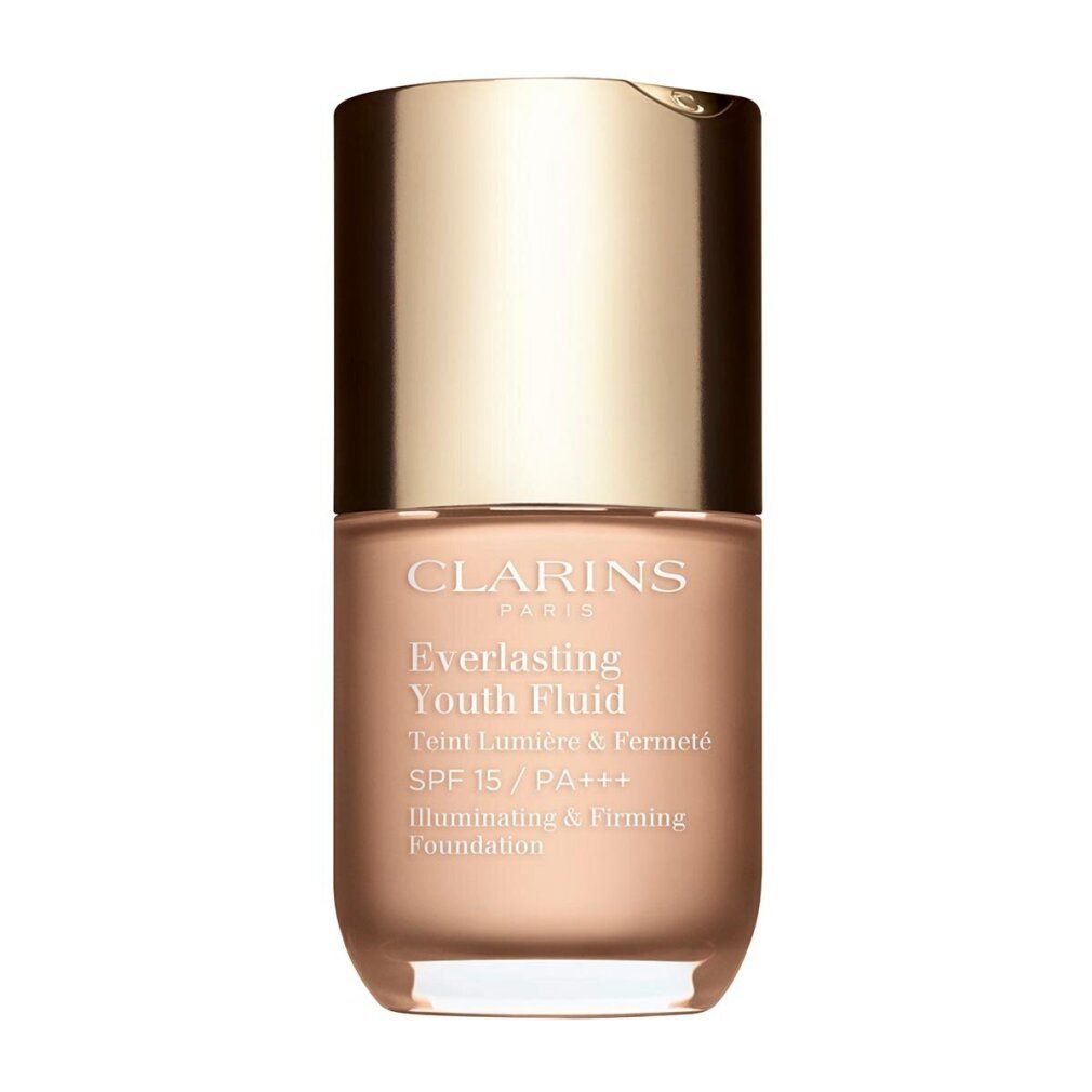 Clarins Everlasting Youth Fluid SPF 15. Flasche mit goldfarbenem Deckel und beiger Flüssigkeit. Text: Illuminating & Firming Foundation.
