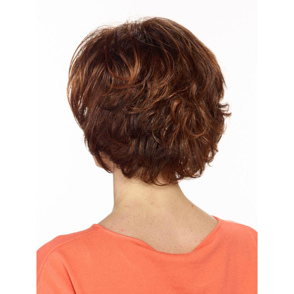 Perücke Michelle von Lofty. Kurze, braune Kunsthaarperücke mit gewellter Struktur. Rückansicht.