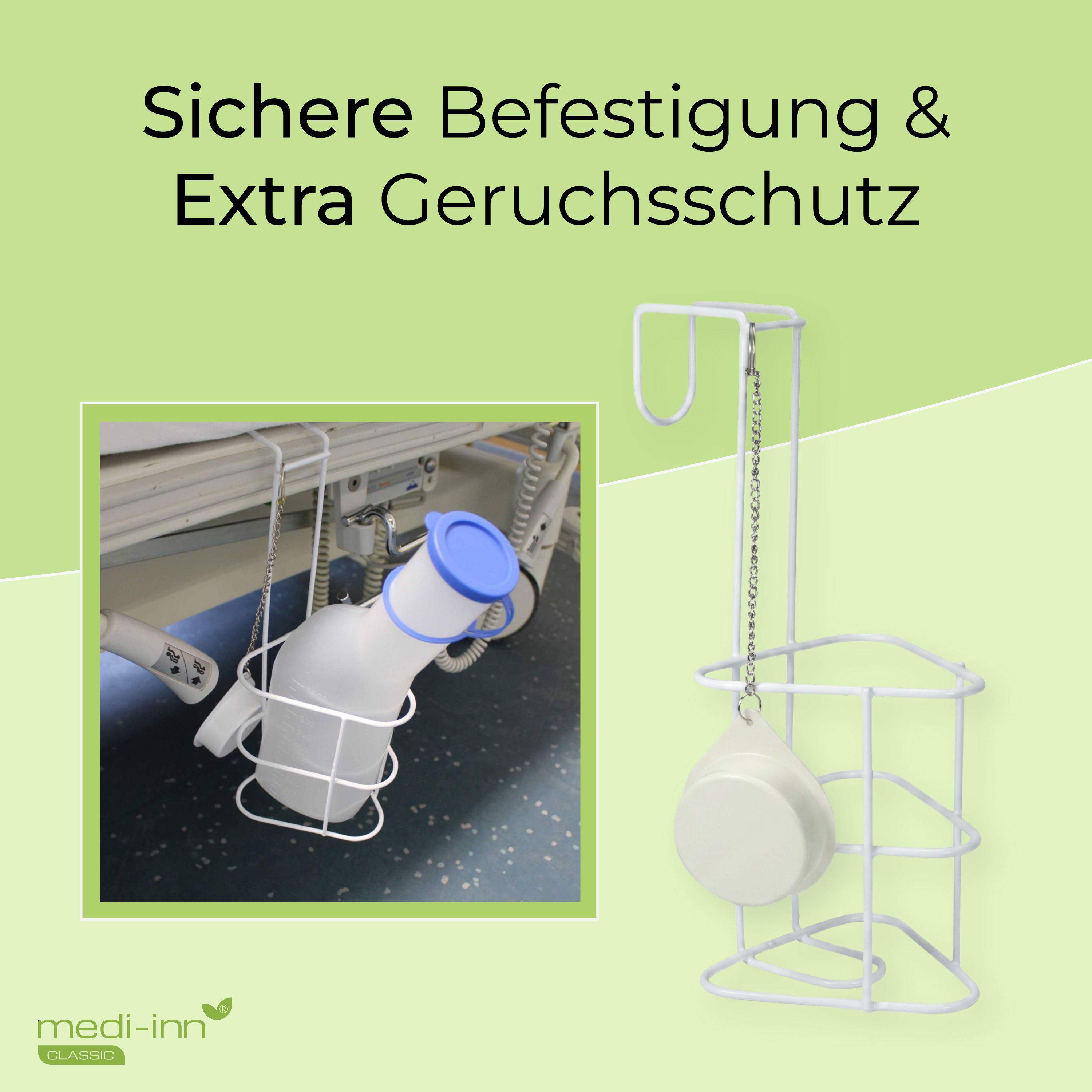 Urinflasche im Bettgestellhalter. 'Sichere Befestigung & Extra Geruchsschutz' Hinweis.
