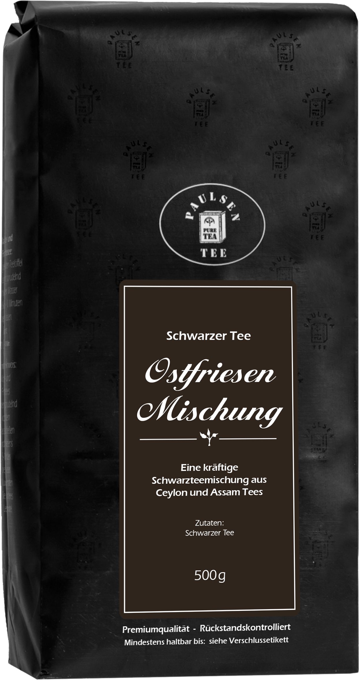 Schwarzer Tee-Packung mit Logo und Text. Enthält 'Ostfriesen Mischung' und '500g'.