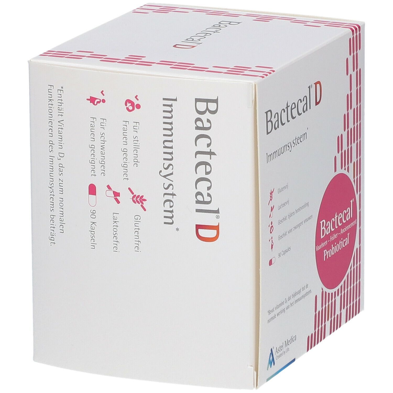 Weißer Karton mit Bactecal D. Rosa Kreis mit Bactecal Probiotical. Text: Immuunsysteem. 90 Kapseln. Glutenfrei, laktosefrei.