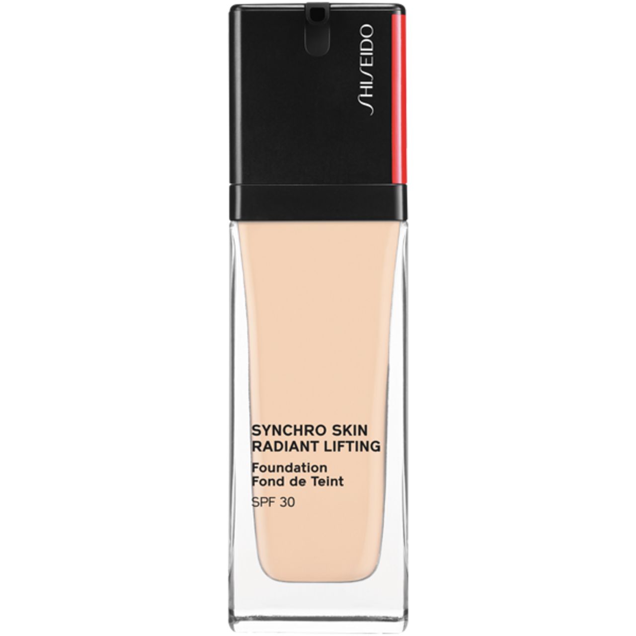 Flakon mit Foundation. Schwarzer Deckel mit rotem Akzent. Schriftzug Shiseido. Text: Synchro Skin Radiant Lifting Foundation, SPF 30.