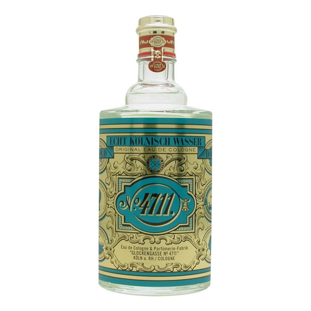Glasflasche mit goldfarbenem Verschluss. Türkis-goldfarbenes Etikett mit Schriftzug und Logo.