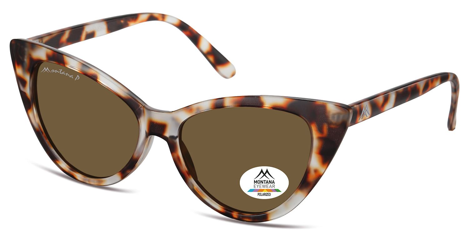 Sonnenbrille mit braunen Gläsern und Schildpatt-Muster. Montana Eyewear Logo und polarisiertes Glas-Aufkleber.