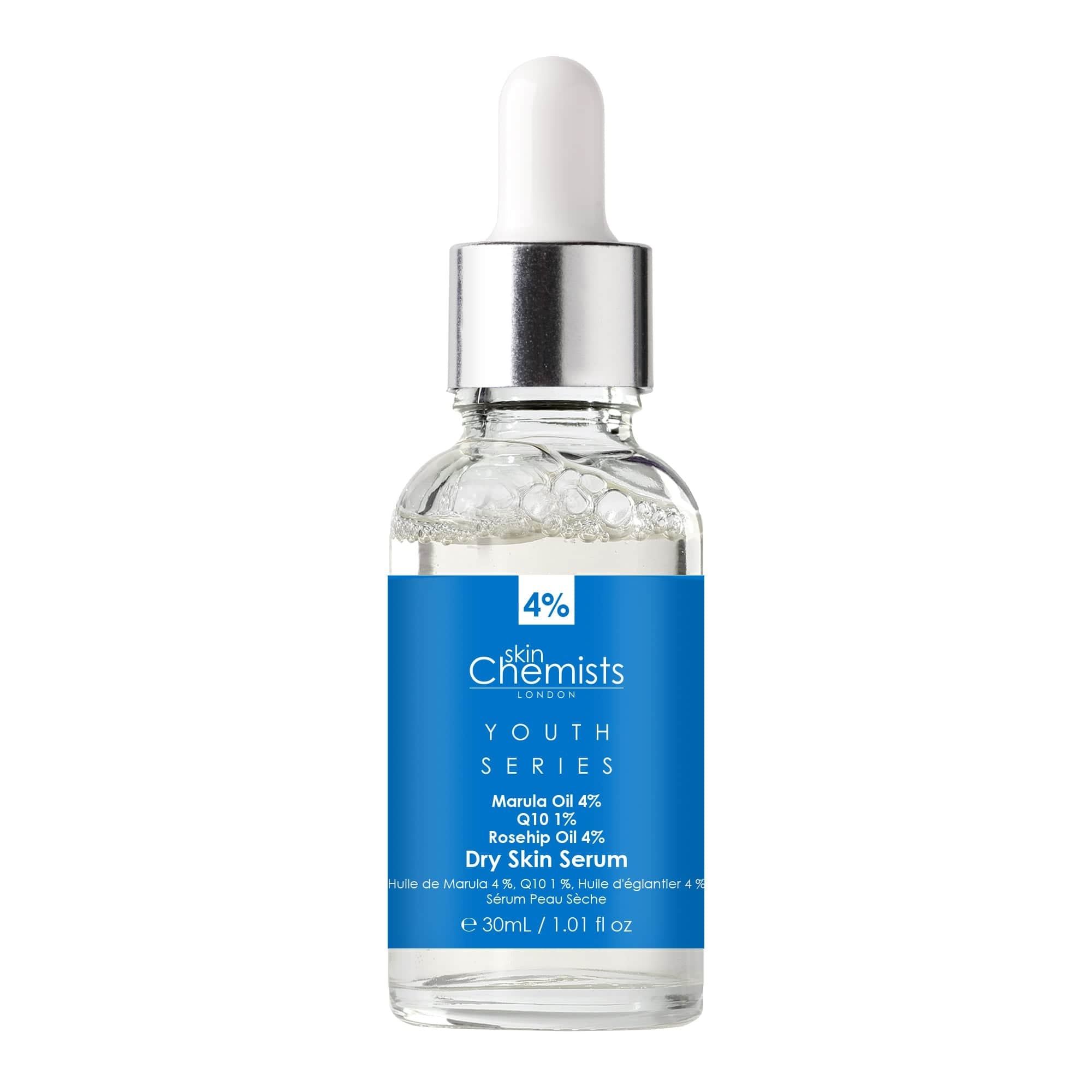 Serumflasche mit Pipette. Blaues Etikett mit "skinChemists", "Youth Series", "Dry Skin Serum".