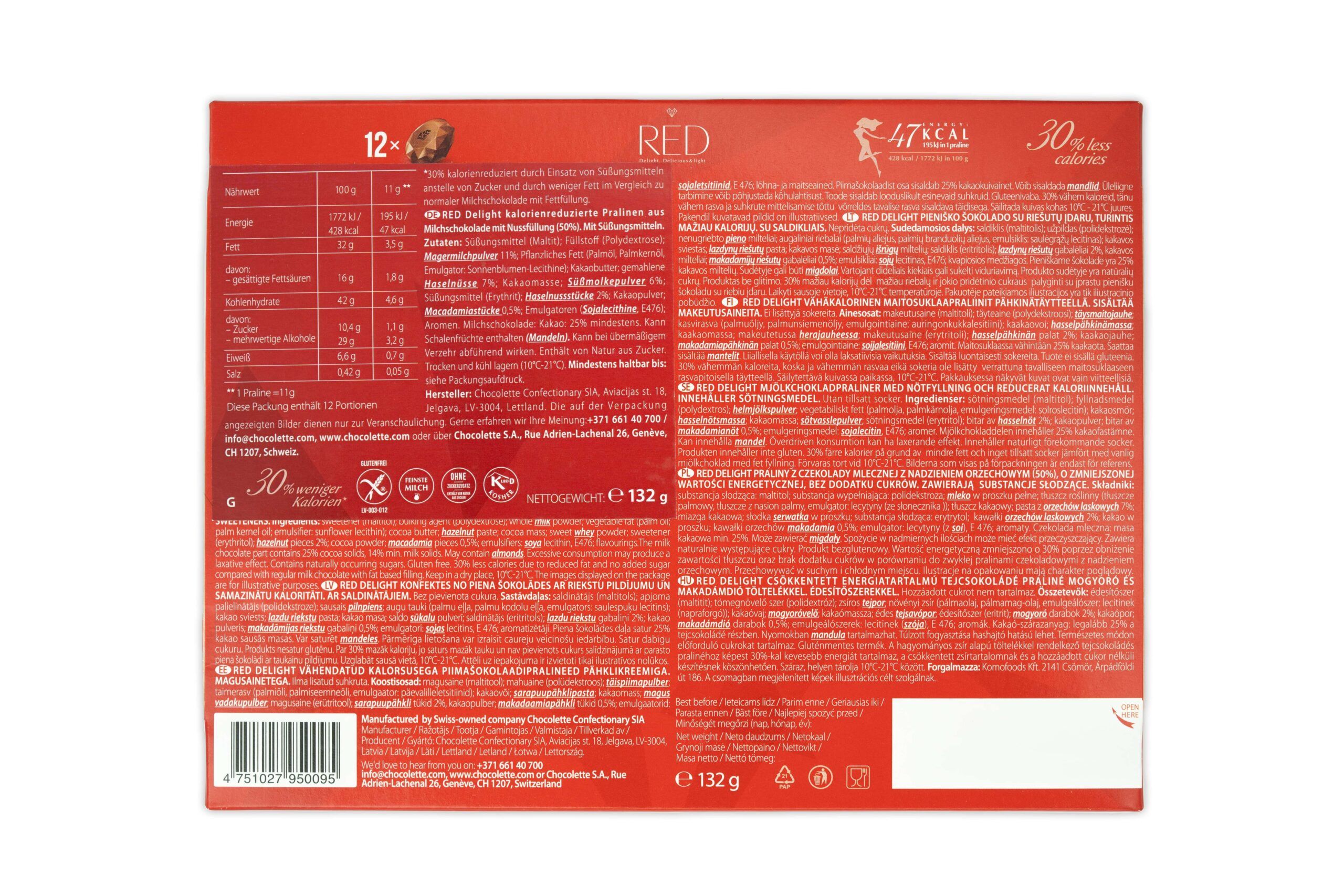 Rückseite einer roten Schachtel mit Text. Enthält Nährwertangaben und Produktinformationen. Marke: RED. Gewicht: 132g.