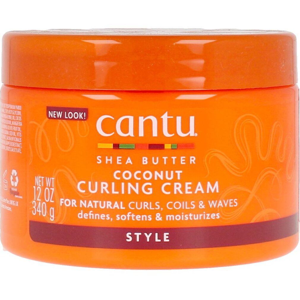 Orangefarbener Tiegel mit Cantu Shea Butter Coconut Curling Cream. Text: Für natürliche Locken, definiert, macht weich und spendet Feuchtigkeit.