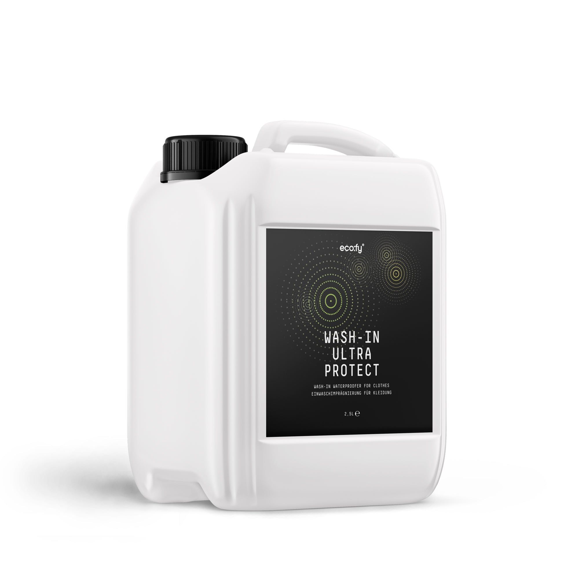 Tanica bianca con tappo nero e manico. Etichetta con nome del prodotto: WASH-IN ULTRA PROTECT. Marchio: eco:fy.