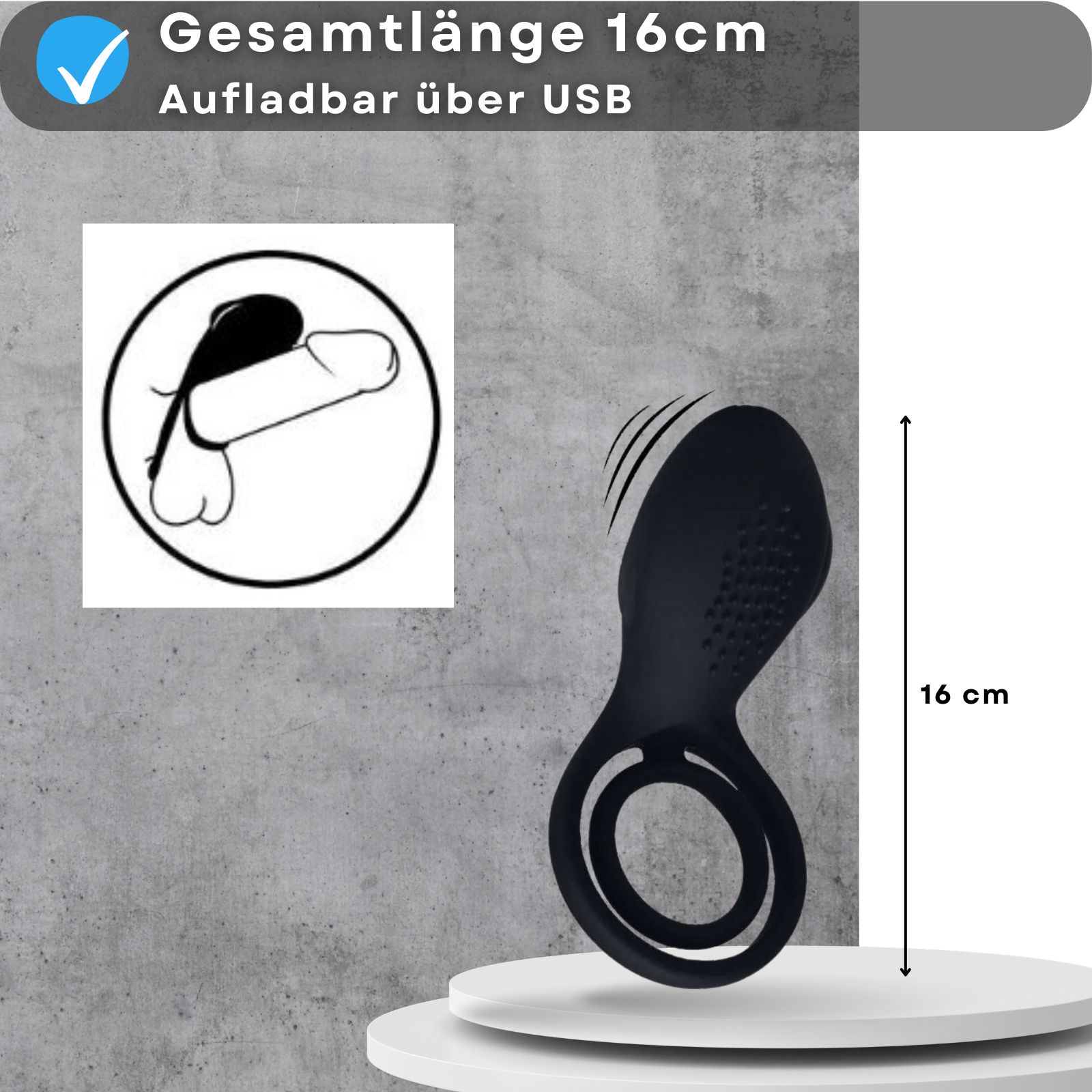 Schwarzer Penisring mit Vibration, neben Text: 'Gesamtlänge 16cm, Aufladbar über USB'. Illustration und Maßangabe.