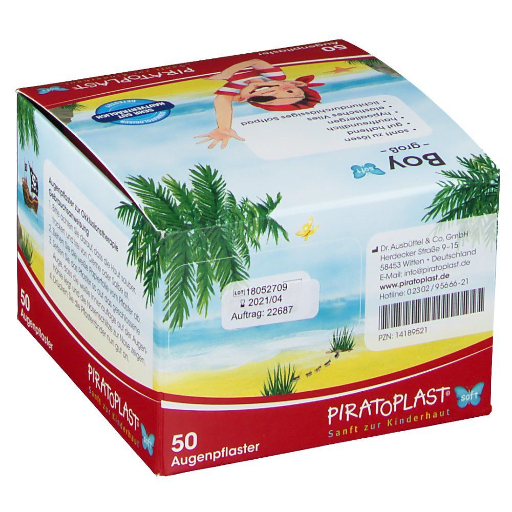 Karton mit 50 Augenpflastern. Aufdruck: PIRATOPLAST® Boy soft groß. Illustration eines Piratenjungen. Adressdaten und Chargennummer.