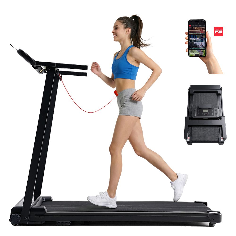 Frau läuft auf einem schwarzen Laufband. Smartphone mit App-Anzeige. Laufband in Gebrauch und zusammengeklappt.