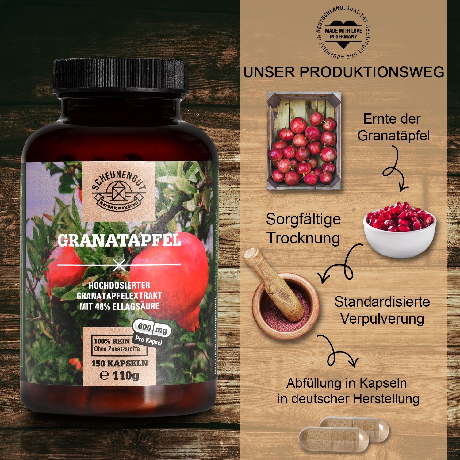 Scheunengut® Granatapfel Extrakt 45:1 | Hochdosiert mit mindestens 40% Ellagsäure & Polyphenolen 150 St Kapseln