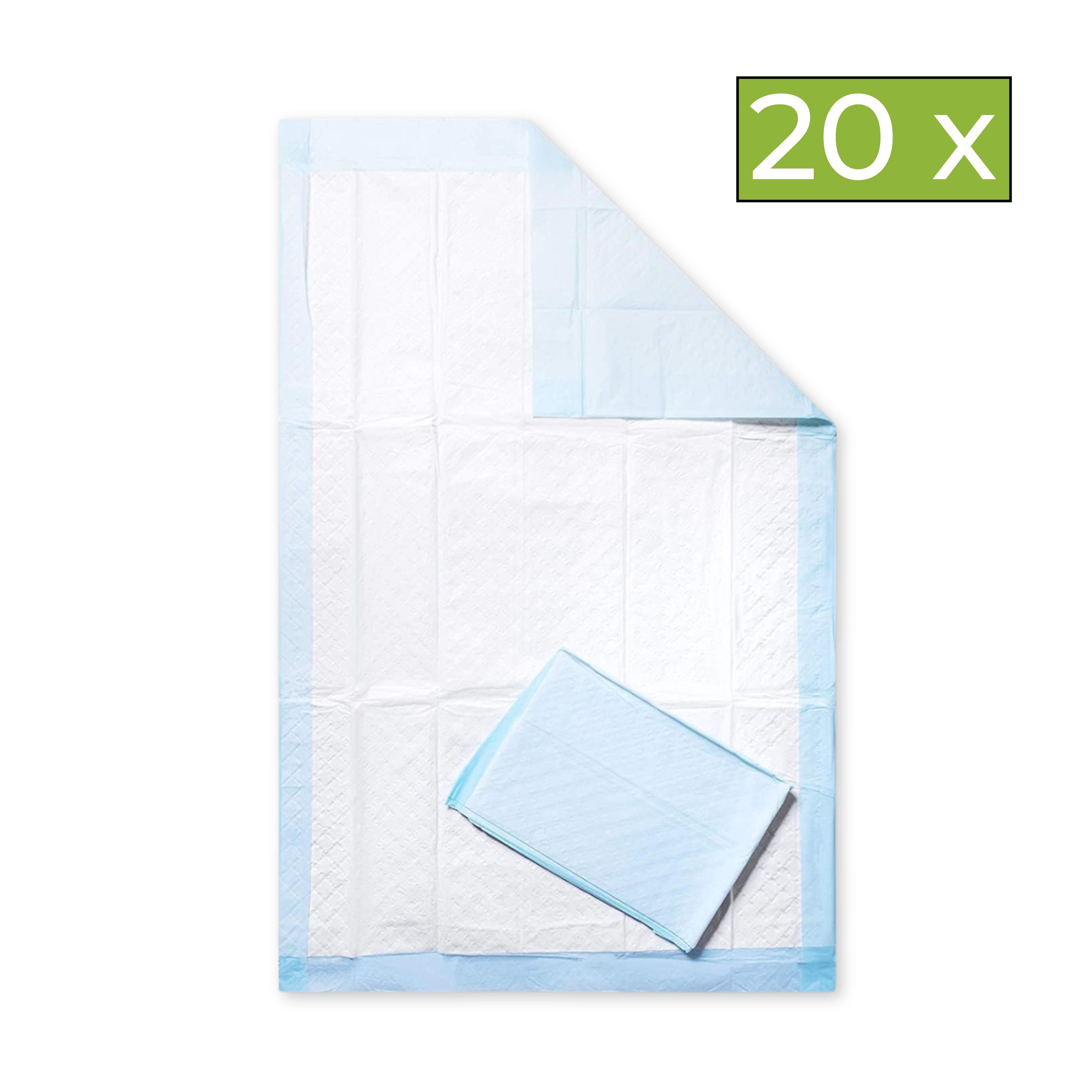 Krankenunterlage mit 20 Stück. Blau-weißes Design. Eine einzelne Unterlage liegt daneben. Eckige Form.