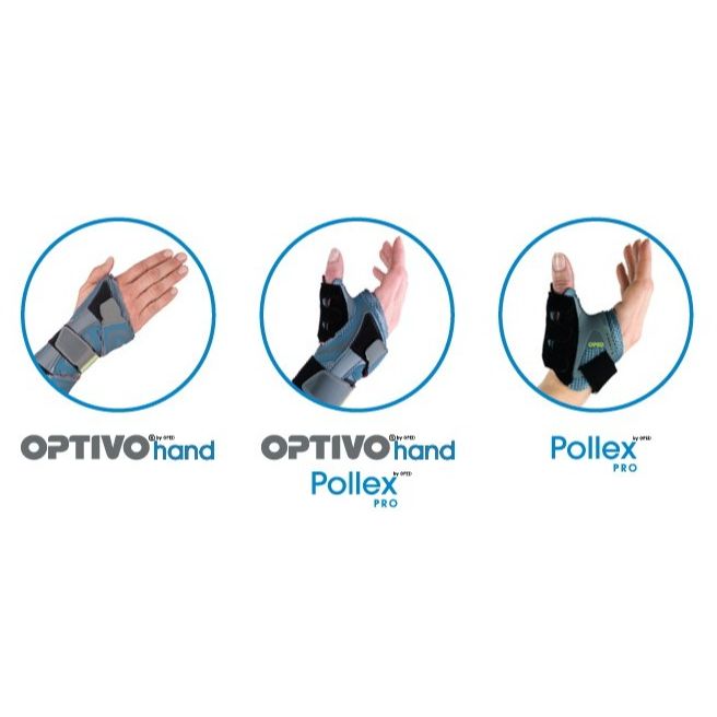 Drei Produktabbildungen: OPED OPTIVOhand und Pollex PRO. Blau umrandet. Text: OPTIVOhand, Pollex PRO.