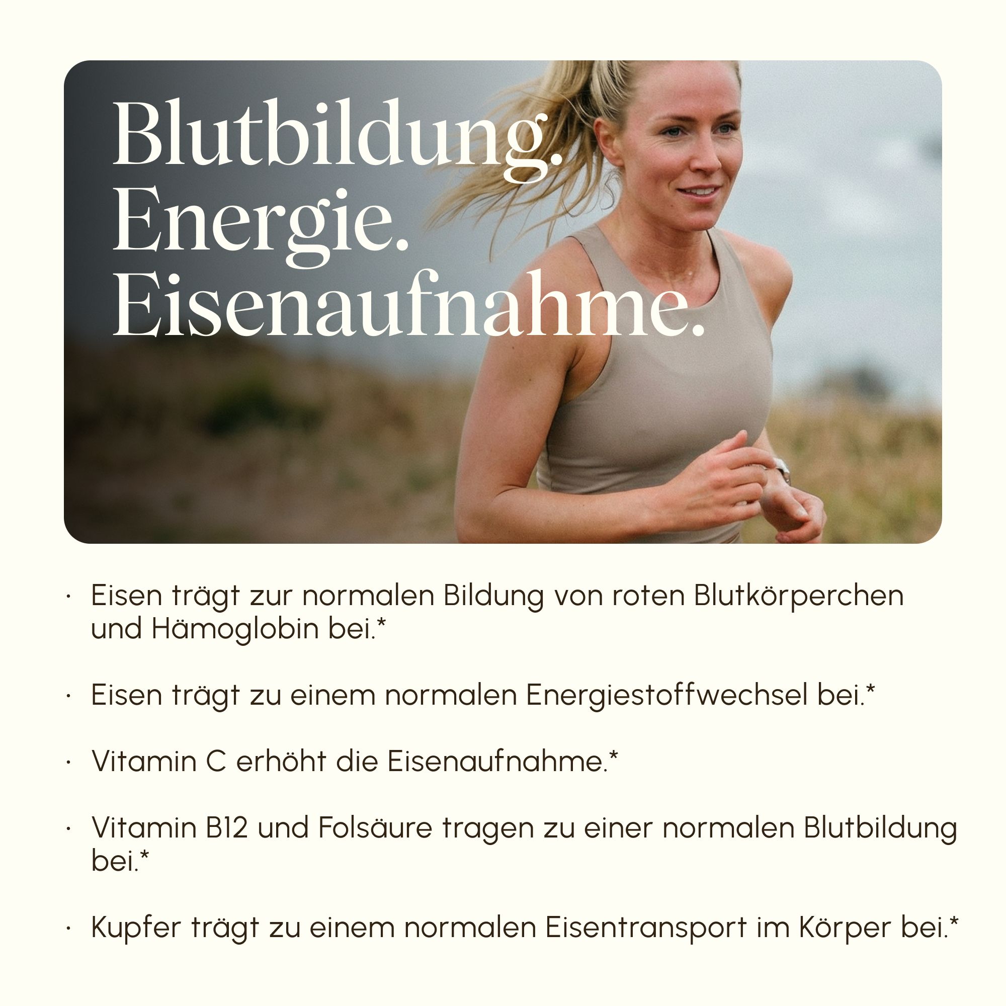 Frau läuft im Freien. Text: Blutbildung. Energie. Eisenaufnahme.