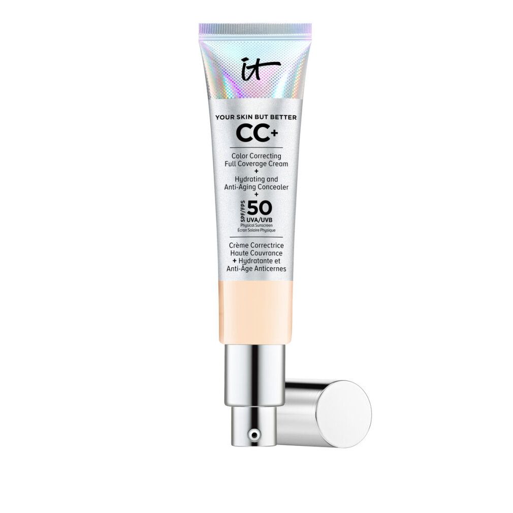 Tube mit CC+ Creme. Text: YOUR SKIN BUT BETTER, CC+, SPF 50. Farbton: Fair Light. Silberne Kappe und Pumpvorrichtung.