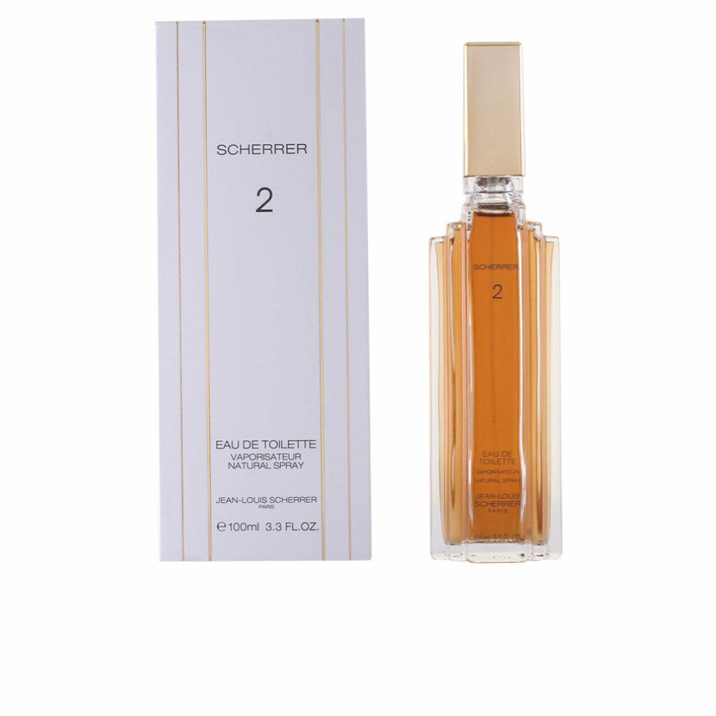 Flakon und Verpackung von Scherrer 2 Eau de Toilette. Rechteckiger Flakon mit goldfarbenem Verschluss. Verpackung mit Logo und Produktbezeichnung.