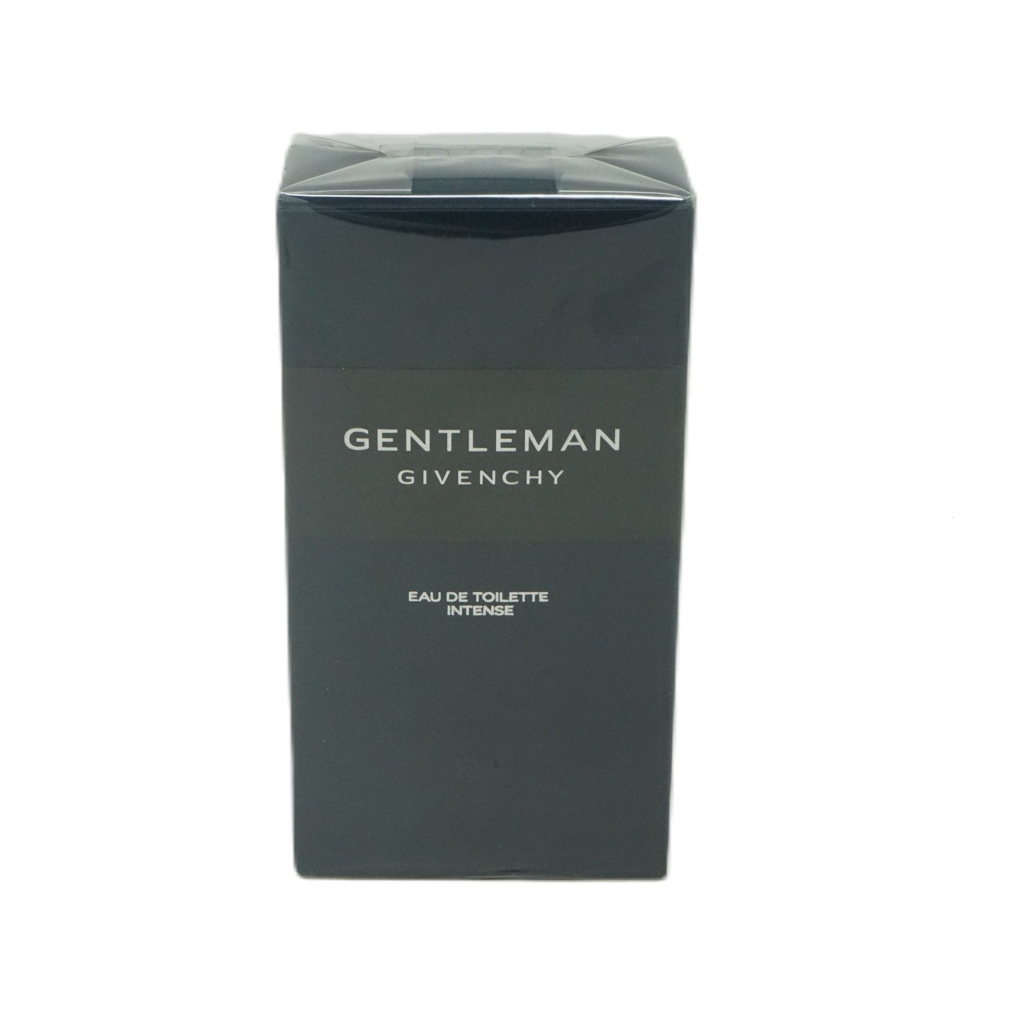 Dunkelgraue rechteckige Verpackung. Aufschrift: GENTLEMAN, GIVENCHY, Eau de Toilette Intense.