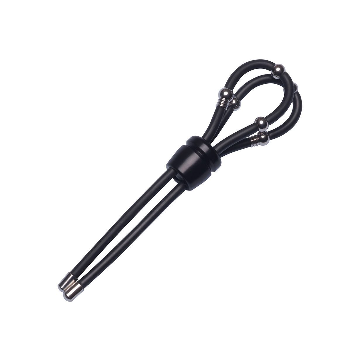 Schwarzes Produkt mit zwei Schlaufen, Metallkugeln und Stäben. Einzelnes Produkt, freigestellt auf weißem Hintergrund.