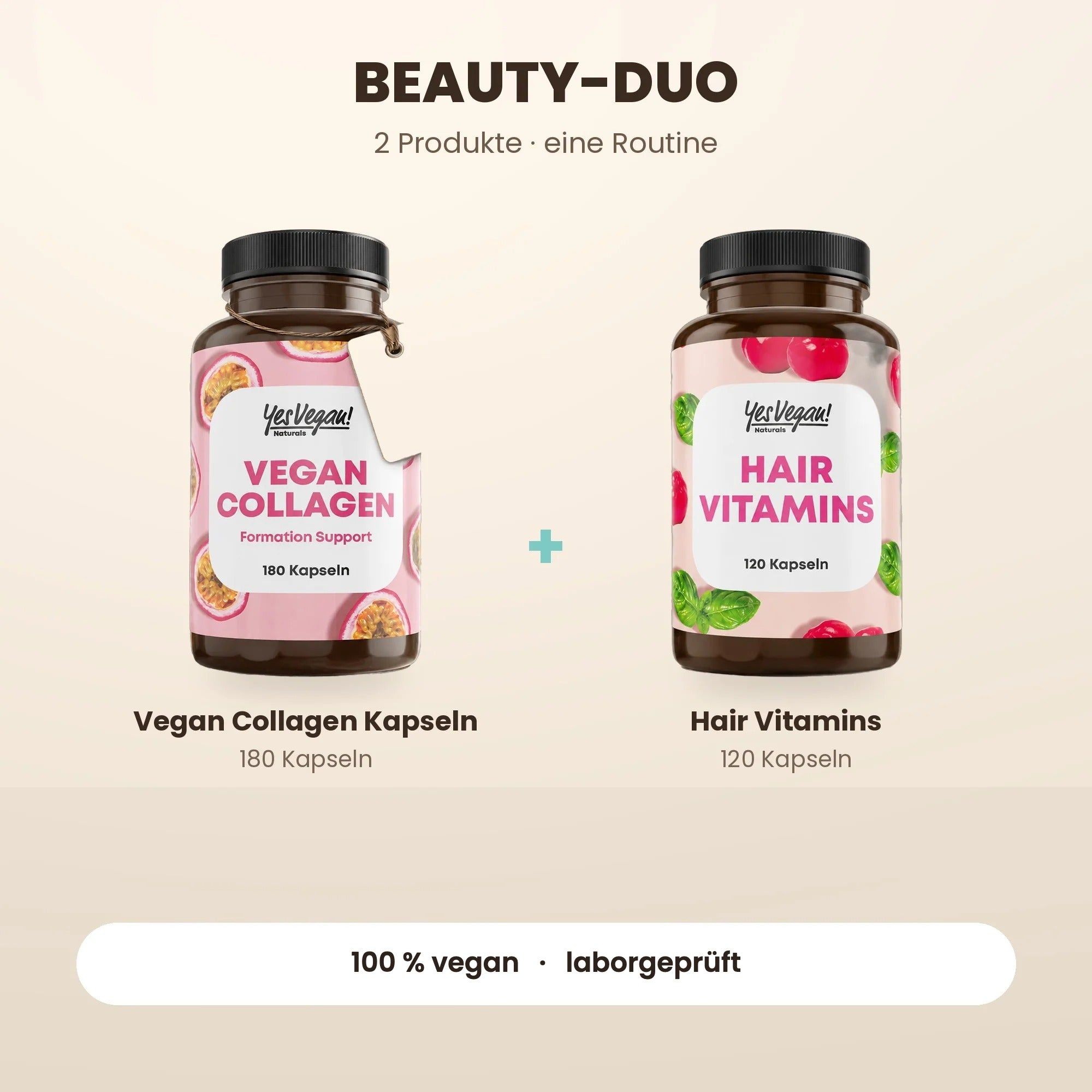Zwei Flaschen Yes Vegan: Vegan Collagen Kapseln (180 Stk.) und Hair Vitamins (120 Stk.).
