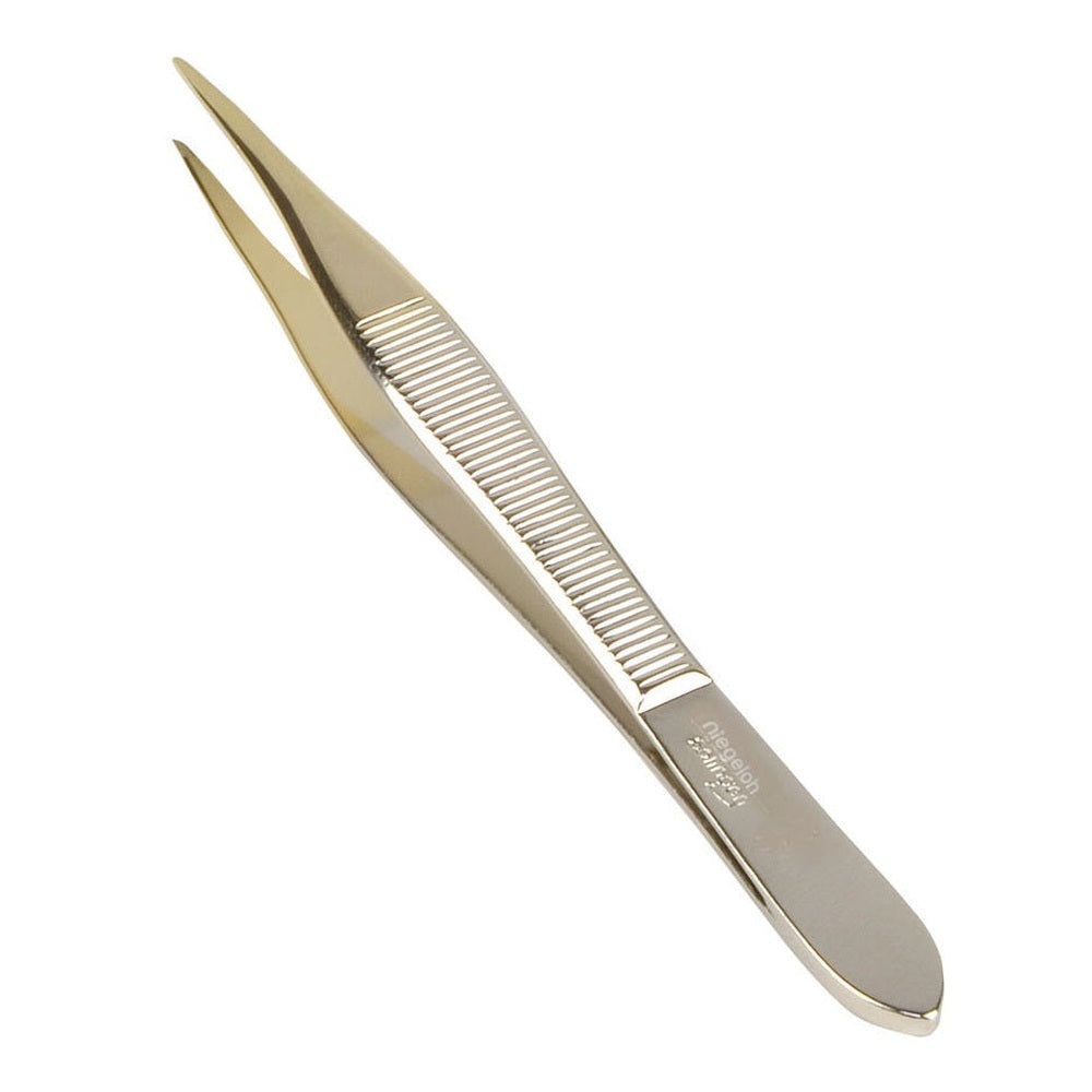 Spitze Pinzette, teilweise goldfarben. Geriffelte Grifffläche. Herstellerlogo sichtbar. Metallisches Aussehen.