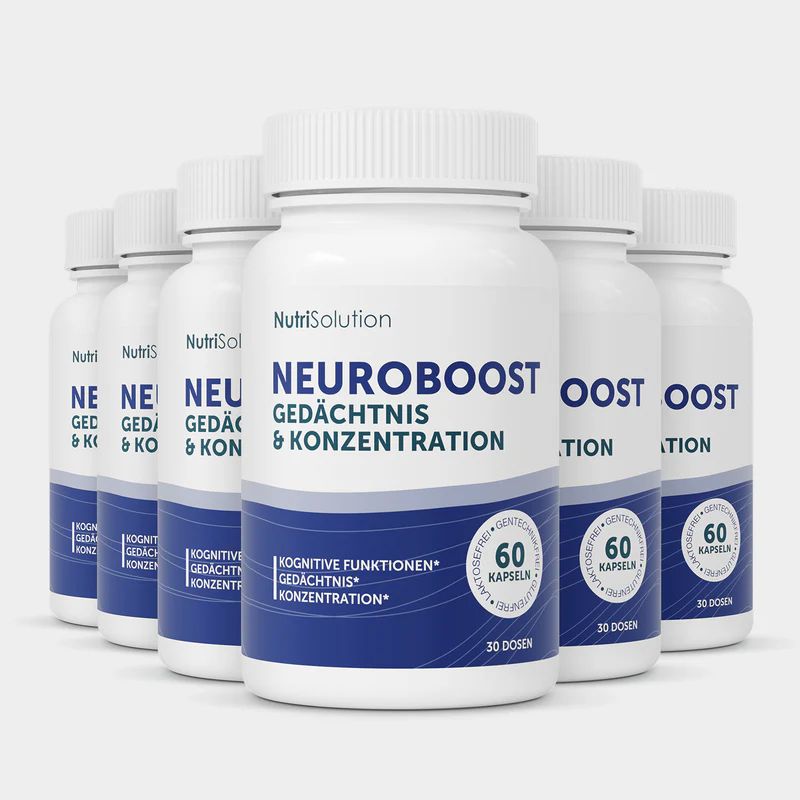 Mehrere weiße Flaschen mit blauer Beschriftung. Aufschrift: Neuroboost, Gedächtnis & Konzentration. 60 Kapseln.
