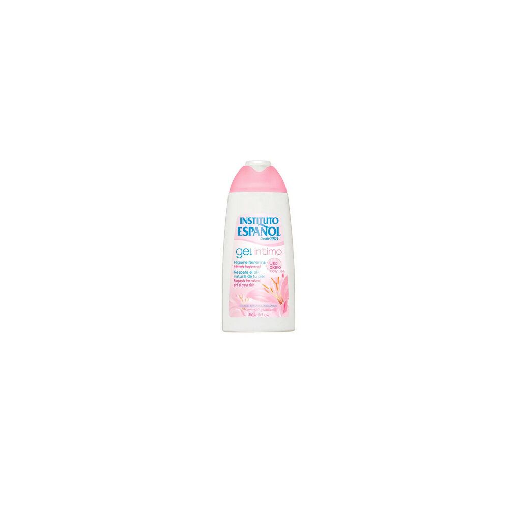 Weiß-rosa Flasche mit Produktnamen und floralem Design. Text: Intima Gel, Uso diario, pH-Wert. Instituto Español.