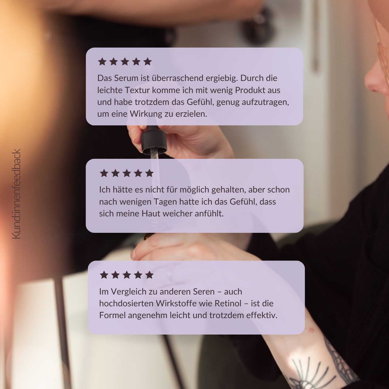 Kundenfeedback-Sprechblasen über Händen, die eine Pipette eines Serums halten.