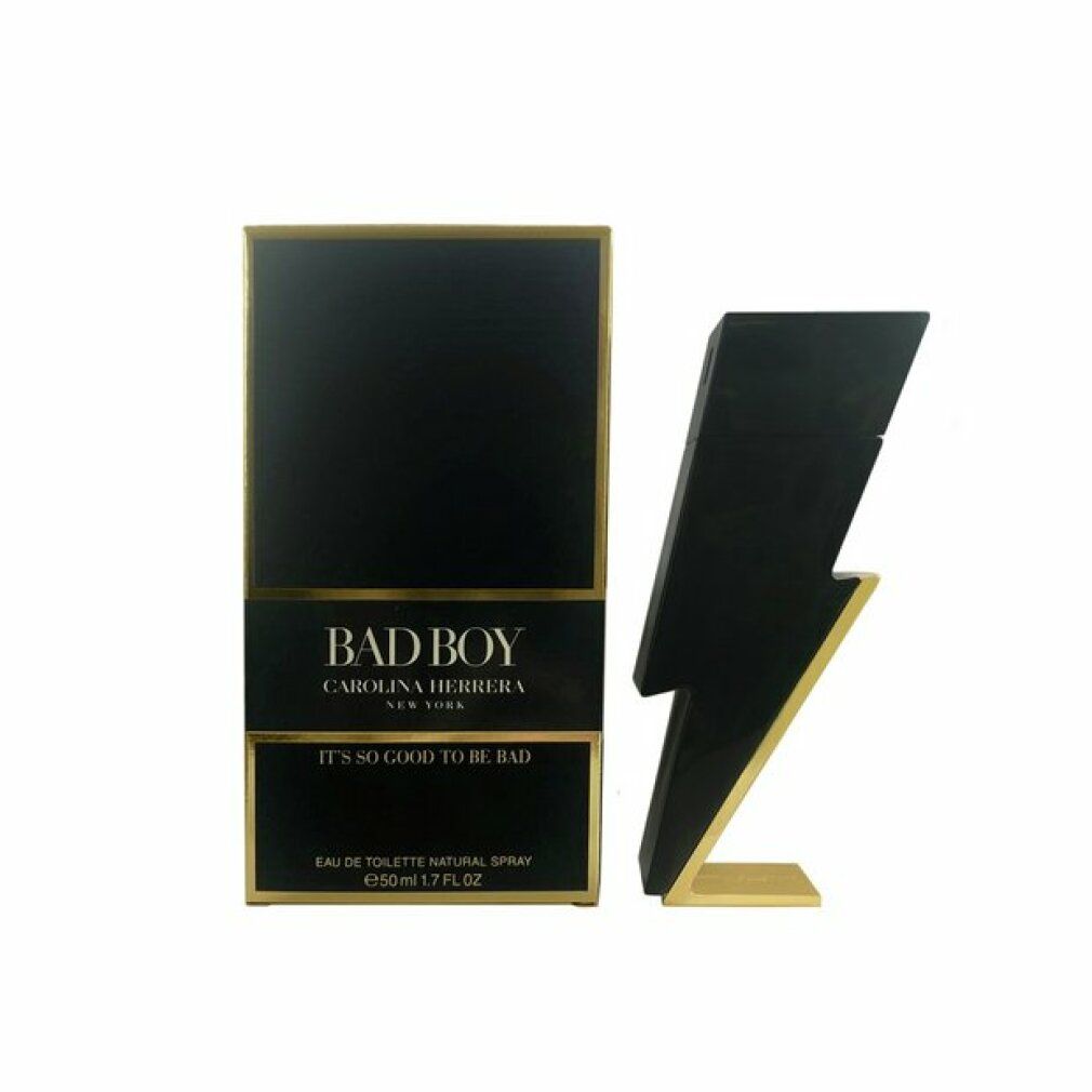 Schwarze Verpackung und Flakon in Blitzform. Auf der Verpackung steht 'BAD BOY'. Flakon mit goldfarbenem Sockel.
