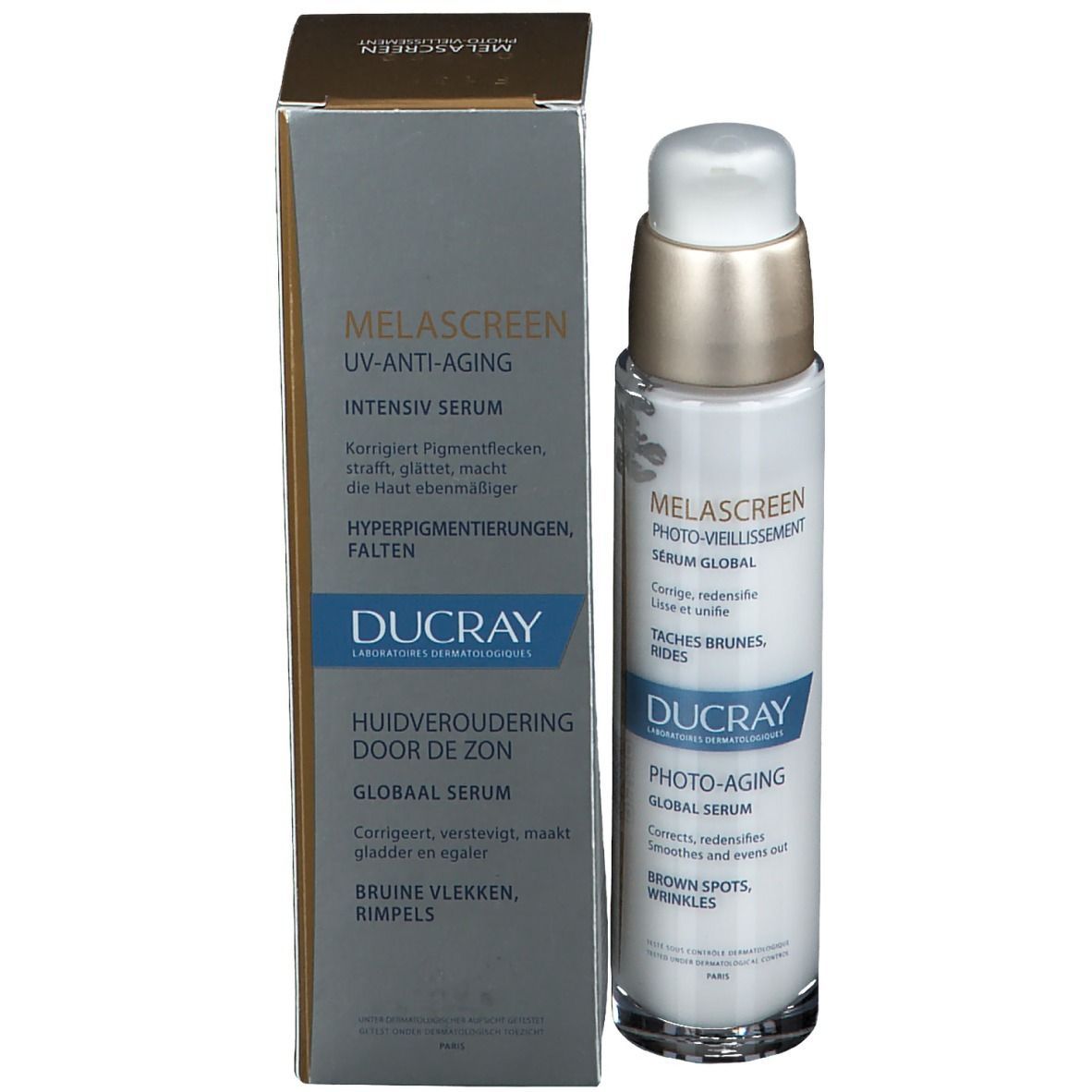 Produktverpackung mit Flasche und Karton. Aufschrift: MELASCREEN, UV-Anti-Aging, Intensiv Serum. Goldfarbener Verschluss.