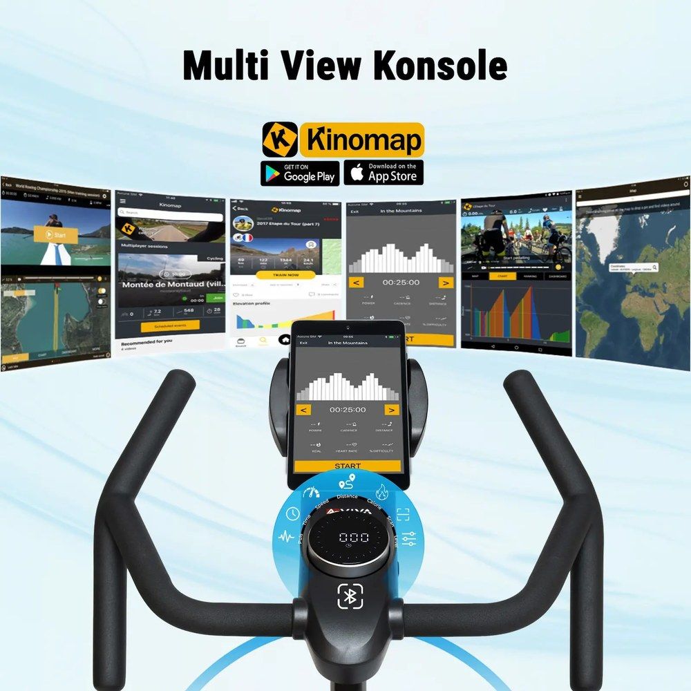 Konsole des AsVIVA Speedbike mit Smartphone-Halterung und Ansichten der Kinomap-App.