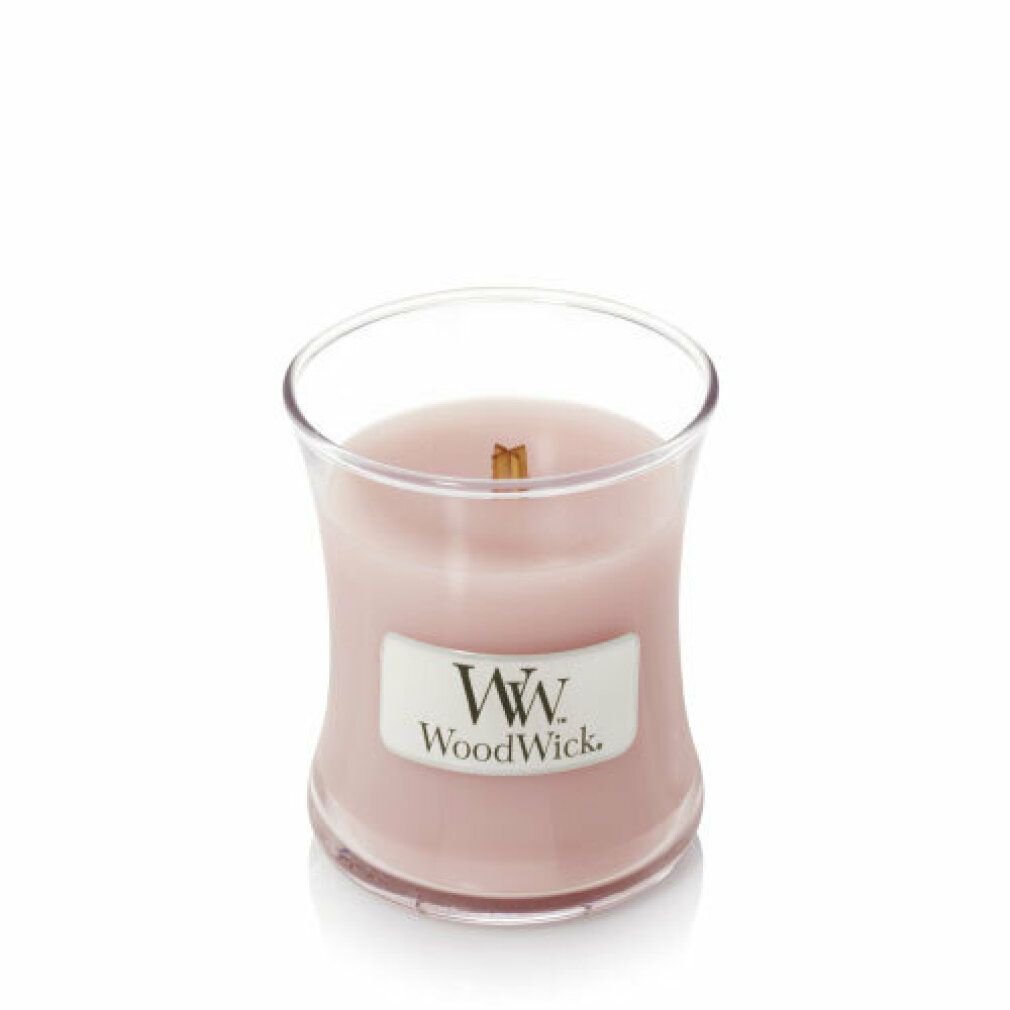 Sanduhrförmige Kerze mit Holzdocht. Rosa Wachs in Glasbehälter. Label mit Logo. Ohne Deckel.
