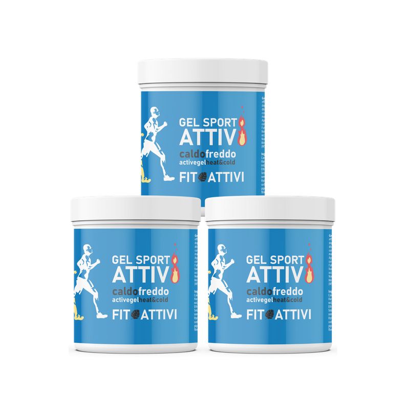 Drei blaue Tiegel mit weißem Deckel. Aufschrift: GEL SPORT ATTIVI, caldo freddo. Abbildung eines Läufers. Marke FIT ATTIVI.