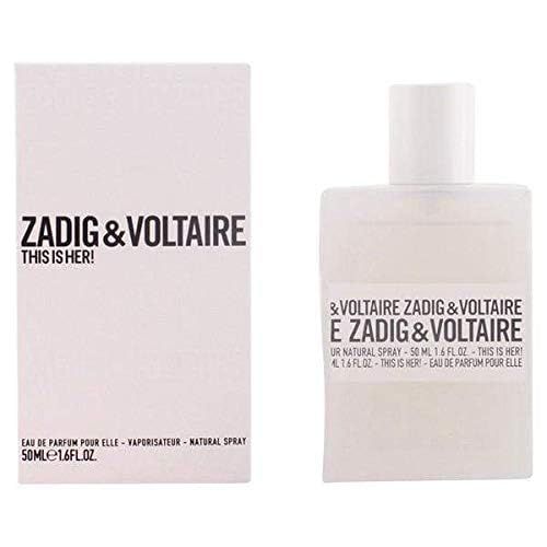 Weißer Flakon und Verpackung. Aufschrift: Zadig & Voltaire, This is Her! Text: Eau de Parfum pour elle, 50ml.