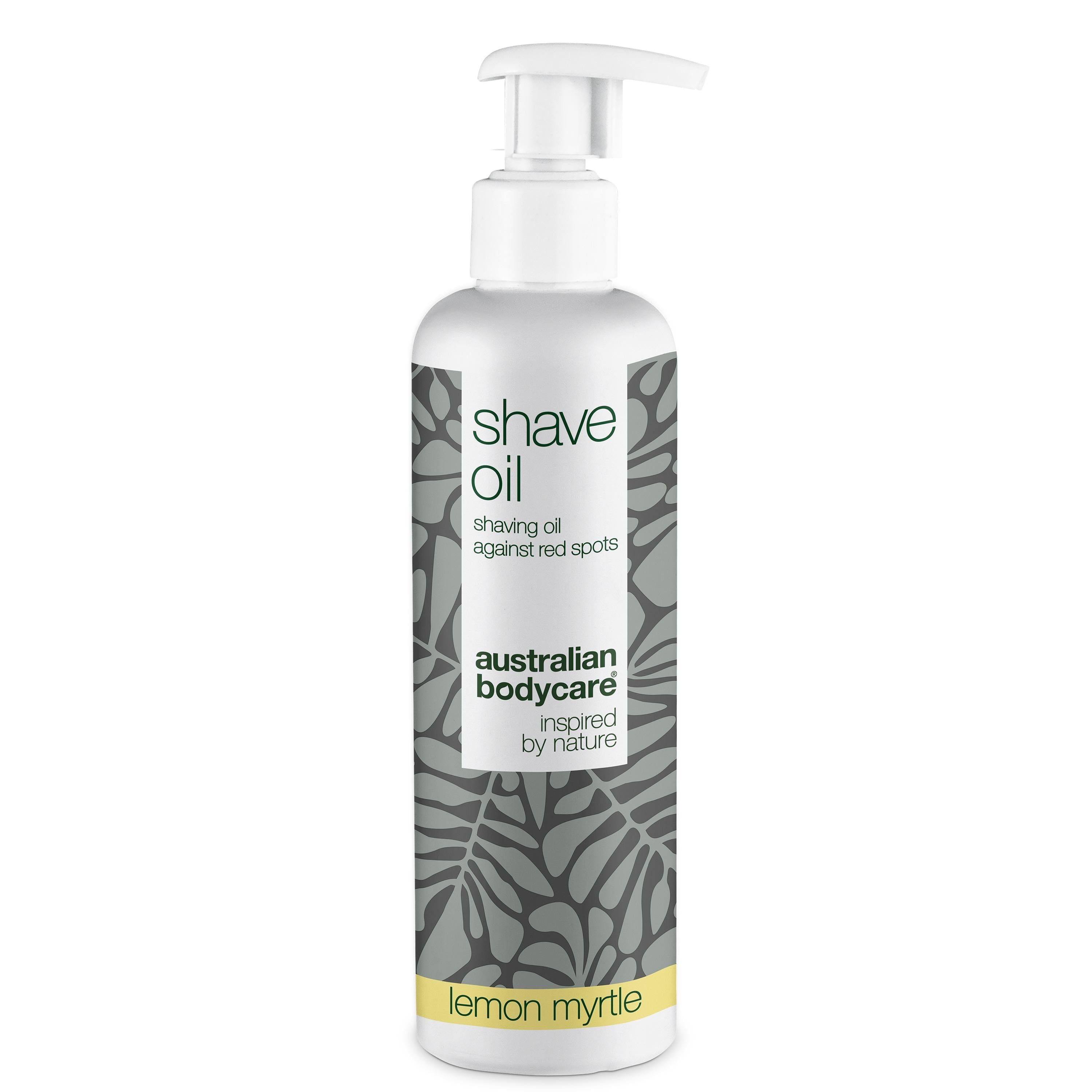 Weiße Flasche mit Pumpe. Aufschrift: Shave Oil, gegen rote Stellen. Marke: Australian Bodycare.