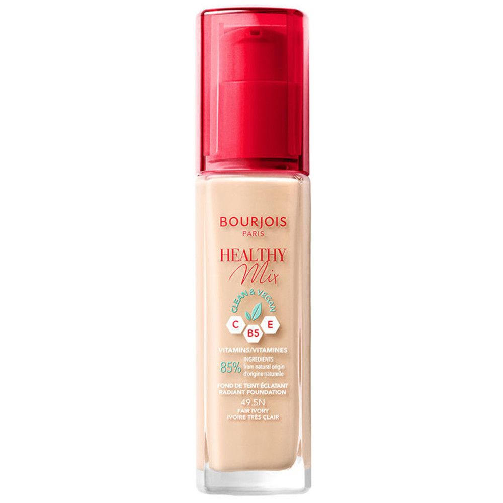 Bourjois Healthy Mix Foundation-Flakon. Beige Flüssigkeit, roter Pumpdeckel. Text auf dem Etikett.