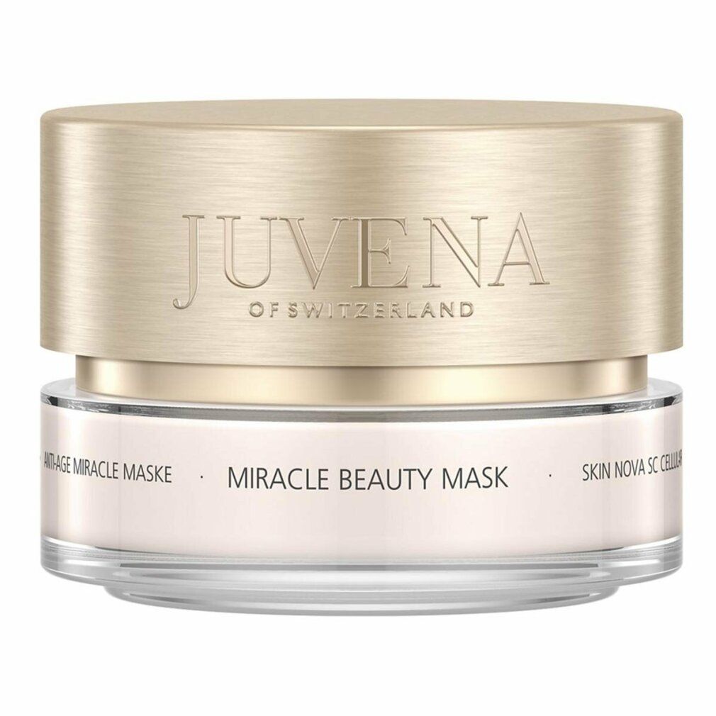 Behälter mit goldfarbenem Deckel. Aufschrift: Juvena of Switzerland. Produktname: Miracle Beauty Mask. Unterer Teil transparent.