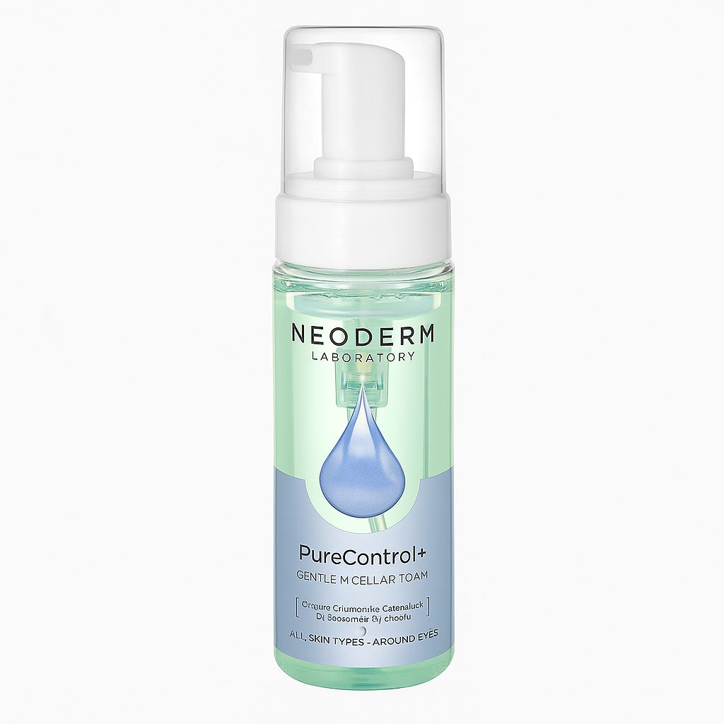 Transparente Flasche mit Pumpe. Aufschrift: NEODERM LABORATORY, PureControl+ Gentle Micellar Foam. Für alle Hauttypen, auch um die Augen.