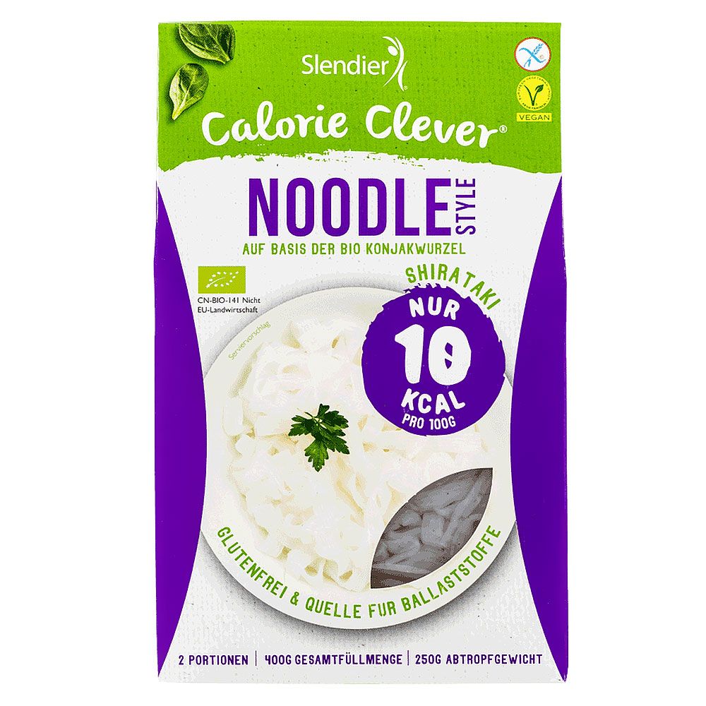 Verpackung von Slendier Shirataki Nudeln. Grün-weiße Verpackung mit Produktnamen und Nährwertangaben. Glutenfrei und Quelle für Ballaststoffe.